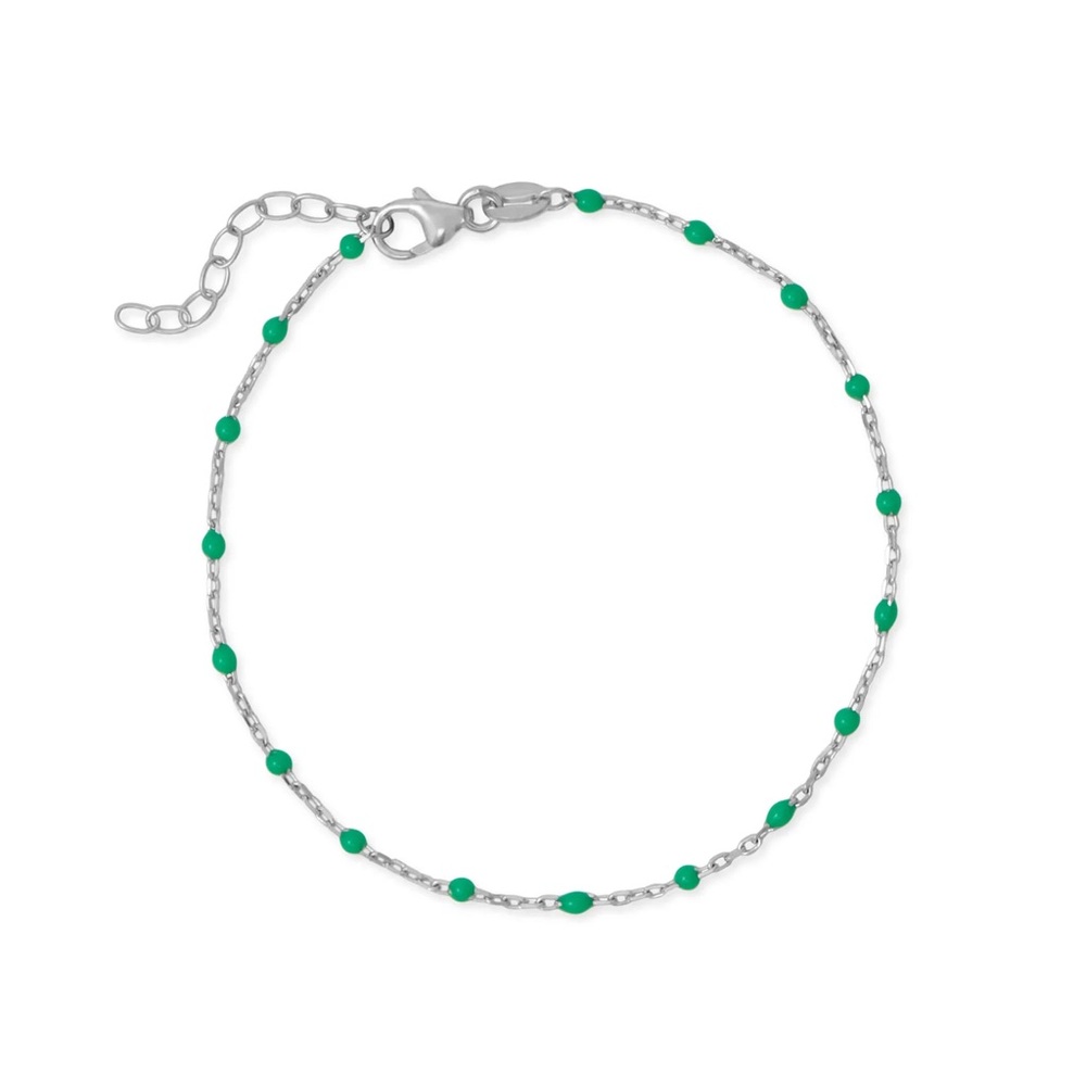 NWT - Rhodium Plated Green Enamel Satellite Bracelet - 925 Sterling Silver